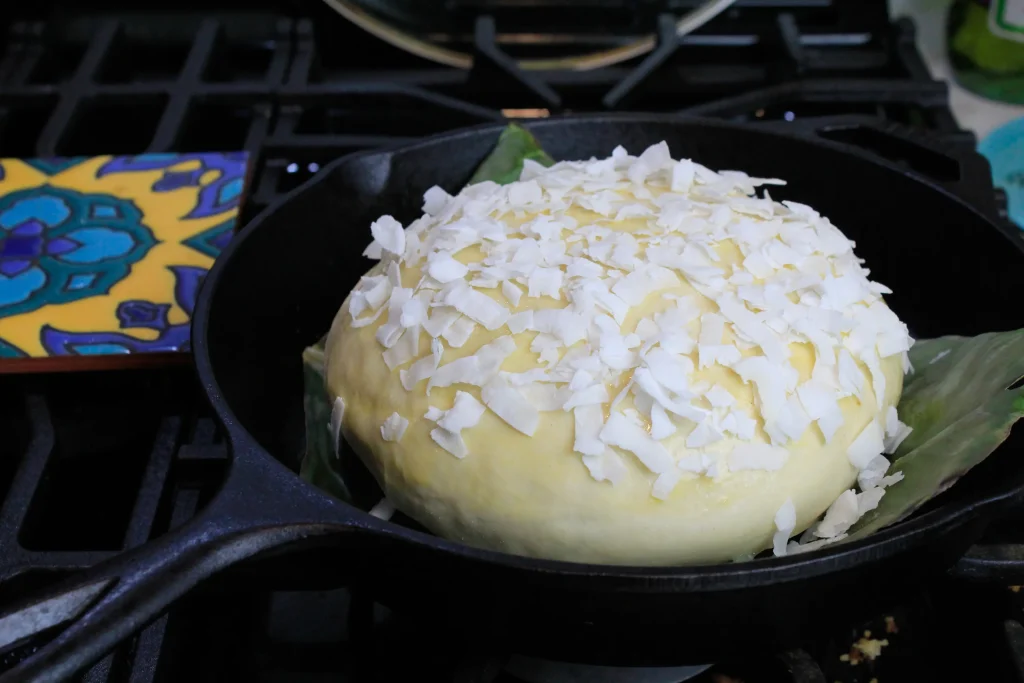 spread the remaining beaten egg over the surface of the loaf then scatter over the shredded coconut